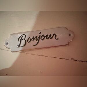 Bonjour Wall Tag Sign - White with Black Script